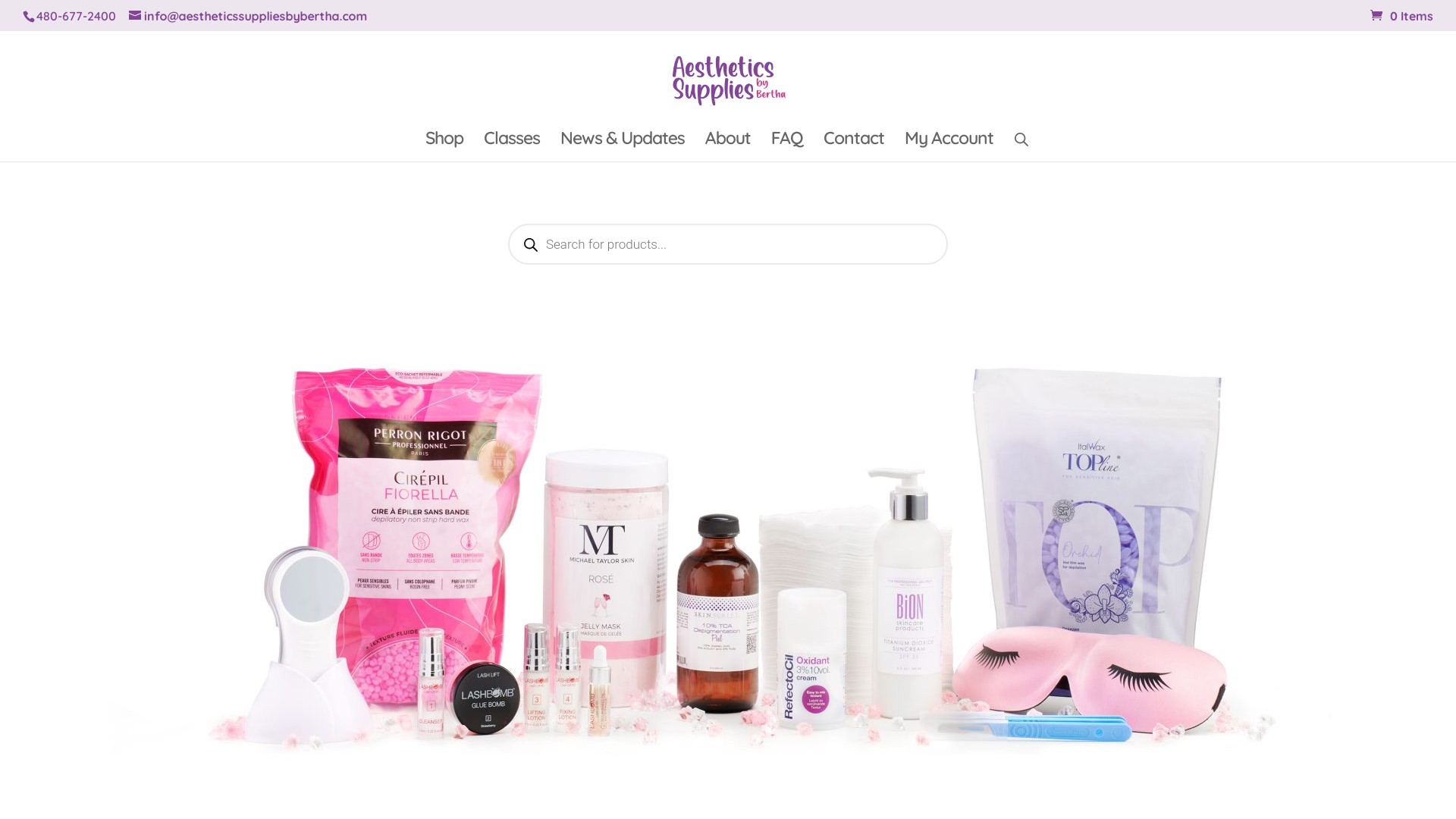 aesthetics supplies by bertha home page showing a group of beauty products